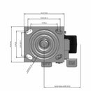 Side dimensioned CAD view of an Albion Casters 4" x 2" wide wheel Swivel caster with 4" x 4-1/2" top plate, with a side locking brake, TM - Phenolic wheel and 800 lb. capacity part