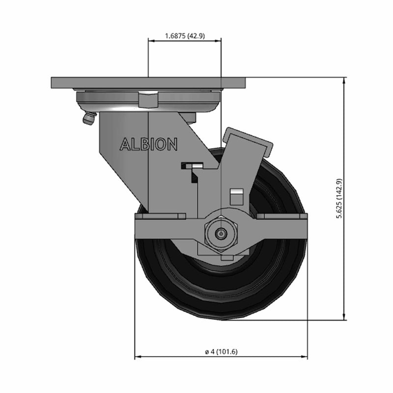 Front dimensioned CAD view of an Albion Casters 4" x 2" wide wheel Swivel caster with 4" x 4-1/2" top plate, with a side locking brake, TM - Phenolic wheel and 800 lb. capacity part