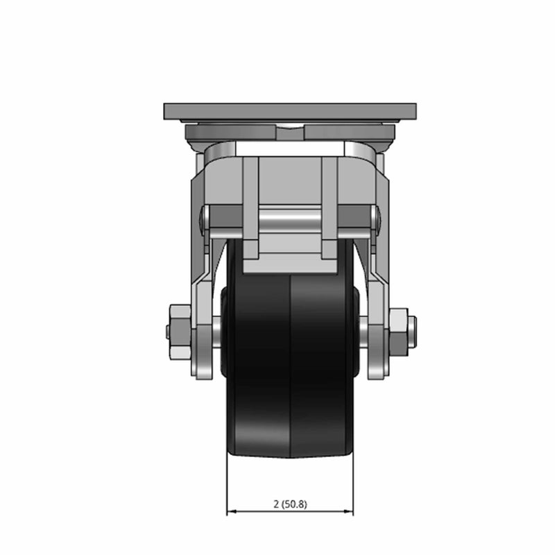 Top dimensioned CAD view of an Albion Casters 4" x 2" wide wheel Swivel caster with 4" x 4-1/2" top plate, with a top wheel lock brake, TM - Phenolic wheel and 800 lb. capacity part