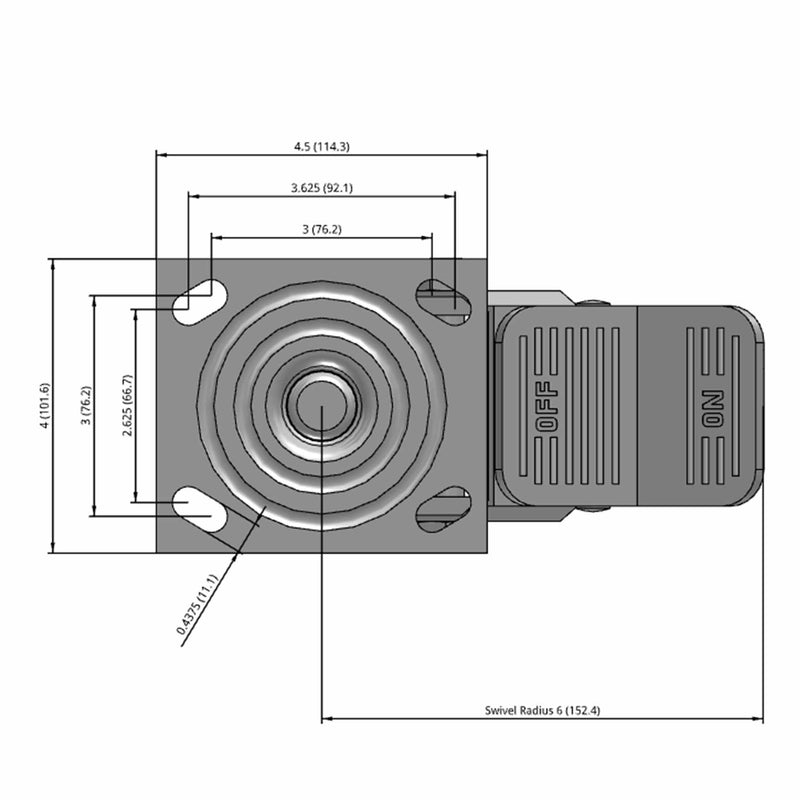 Side dimensioned CAD view of an Albion Casters 4" x 2" wide wheel Swivel caster with 4" x 4-1/2" top plate, with a top wheel lock brake, TM - Phenolic wheel and 800 lb. capacity part
