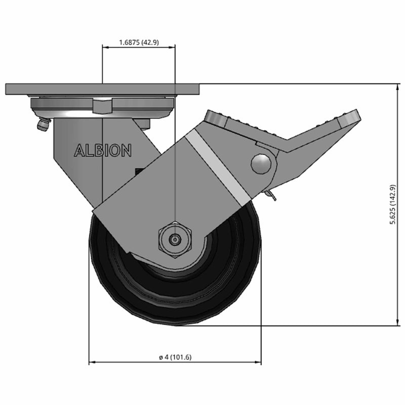 Front dimensioned CAD view of an Albion Casters 4" x 2" wide wheel Swivel caster with 4" x 4-1/2" top plate, with a top wheel lock brake, TM - Phenolic wheel and 800 lb. capacity part