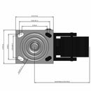 Side dimensioned CAD view of an Albion Casters 4" x 2" wide wheel Swivel caster with 4" x 4-1/2" top plate, with a top total locking brake, TM - Phenolic wheel and 800 lb. capacity part