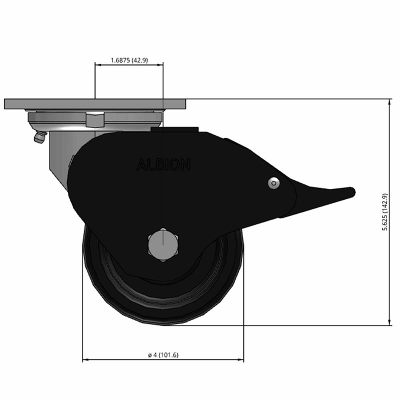 Front dimensioned CAD view of an Albion Casters 4" x 2" wide wheel Swivel caster with 4" x 4-1/2" top plate, with a top total locking brake, TM - Phenolic wheel and 800 lb. capacity part