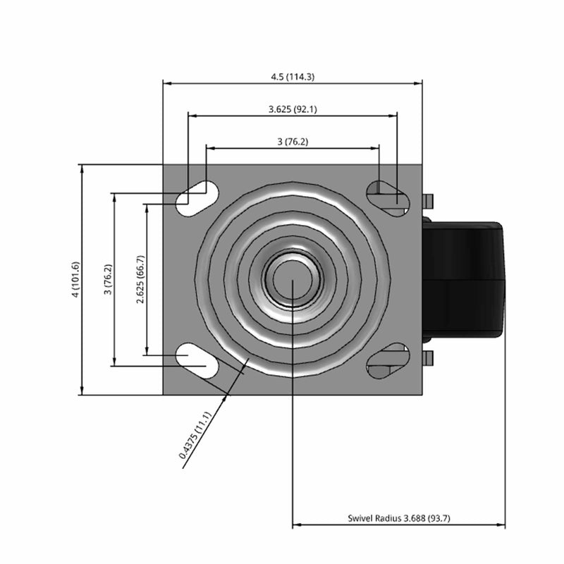 Side dimensioned CAD view of an Albion Casters 4" x 2" wide wheel Swivel caster with 4" x 4-1/2" top plate, without a brake, TM - Phenolic wheel and 800 lb. capacity part