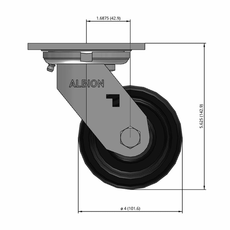 Front dimensioned CAD view of an Albion Casters 4" x 2" wide wheel Swivel caster with 4" x 4-1/2" top plate, without a brake, TM - Phenolic wheel and 800 lb. capacity part