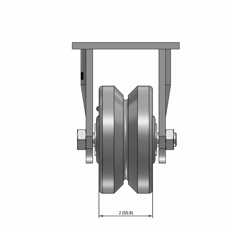 Top dimensioned CAD view of an Albion Casters 4" x 2" wide wheel Rigid caster with 4" x 4-1/2" top plate, without a brake, VG - Cast Iron V-Groove wheel and 800 lb. capacity part