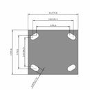 Side dimensioned CAD view of an Albion Casters 4" x 2" wide wheel Rigid caster with 4" x 4-1/2" top plate, without a brake, VG - Cast Iron V-Groove wheel and 800 lb. capacity part