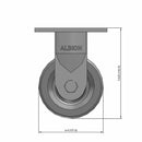 Front dimensioned CAD view of an Albion Casters 4" x 2" wide wheel Rigid caster with 4" x 4-1/2" top plate, without a brake, VG - Cast Iron V-Groove wheel and 800 lb. capacity part