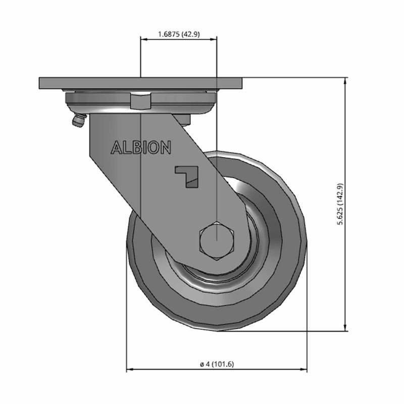 Front dimensioned CAD view of an Albion Casters 4" x 2" wide wheel Swivel caster with 4" x 4-1/2" top plate, without a brake, VG - Cast Iron V-Groove wheel and 800 lb. capacity part