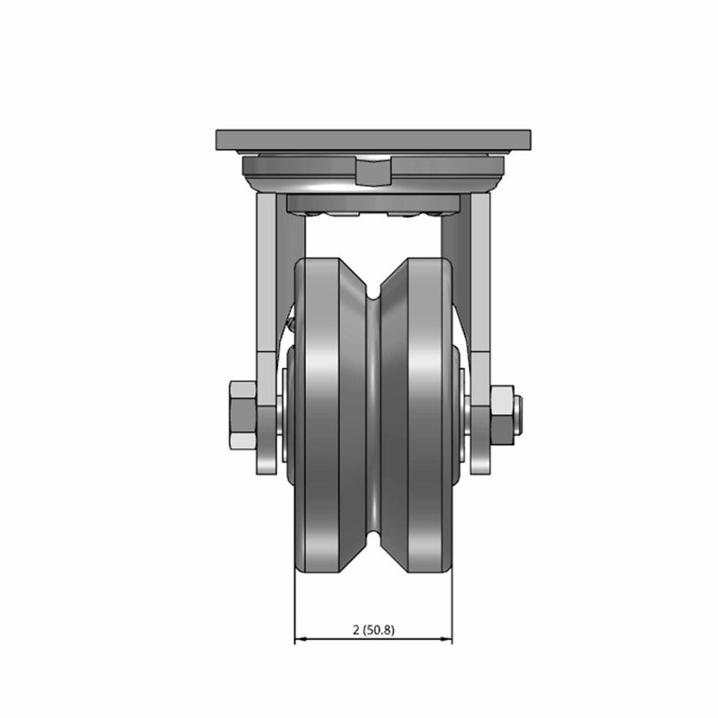 Top dimensioned CAD view of an Albion Casters 4" x 2" wide wheel Swivel caster with 4" x 4-1/2" top plate, without a brake, VG - Cast Iron V-Groove wheel and 800 lb. capacity part