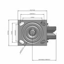 Side dimensioned CAD view of an Albion Casters 4" x 2" wide wheel Swivel caster with 4" x 4-1/2" top plate, without a brake, VG - Cast Iron V-Groove wheel and 800 lb. capacity part
