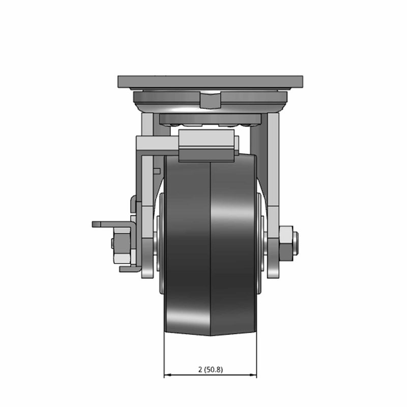 Top dimensioned CAD view of an Albion Casters 4" x 2" wide wheel Swivel caster with 4" x 4-1/2" top plate, with a side locking brake, XA - Polyurethane (Polypropylene Core) wheel and 600 lb. capacity part