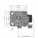 Side dimensioned CAD view of an Albion Casters 4" x 2" wide wheel Swivel caster with 4" x 4-1/2" top plate, with a side locking brake, XA - Polyurethane (Polypropylene Core) wheel and 600 lb. capacity part