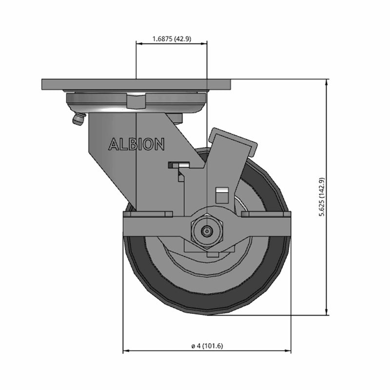 Front dimensioned CAD view of an Albion Casters 4" x 2" wide wheel Swivel caster with 4" x 4-1/2" top plate, with a side locking brake, XA - Polyurethane (Polypropylene Core) wheel and 600 lb. capacity part