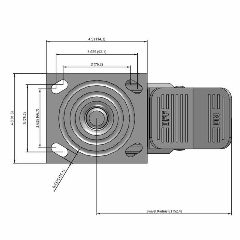 Side dimensioned CAD view of an Albion Casters 4" x 2" wide wheel Swivel caster with 4" x 4-1/2" top plate, with a top wheel lock brake, XA - Polyurethane (Polypropylene Core) wheel and 600 lb. capacity part