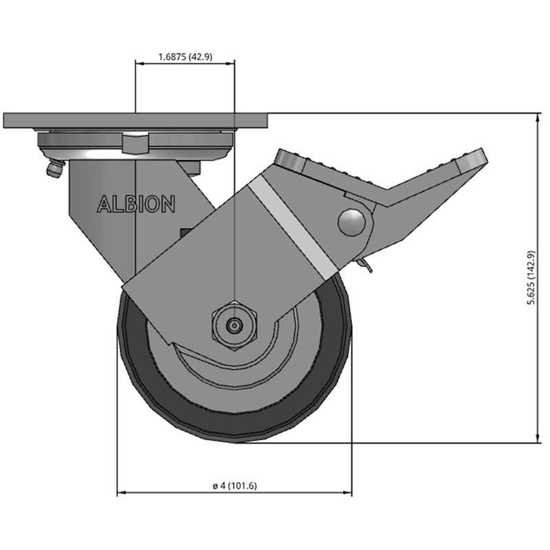 Front dimensioned CAD view of an Albion Casters 4" x 2" wide wheel Swivel caster with 4" x 4-1/2" top plate, with a top wheel lock brake, XA - Polyurethane (Polypropylene Core) wheel and 600 lb. capacity part