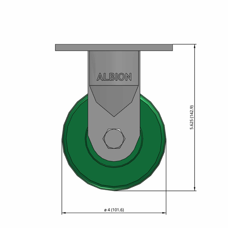 Front dimensioned CAD view of an Albion Casters 4" x 2" wide wheel Rigid caster with 4" x 4-1/2" top plate, without a brake, XI - X-treme Solid Polyurethane wheel and 1000 lb. capacity part