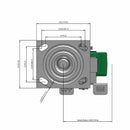 Side dimensioned CAD view of an Albion Casters 4" x 2" wide wheel Swivel caster with 4" x 4-1/2" top plate, with a side locking brake, XI - X-treme Solid Polyurethane wheel and 1000 lb. capacity part