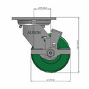 Front dimensioned CAD view of an Albion Casters 4" x 2" wide wheel Swivel caster with 4" x 4-1/2" top plate, with a side locking brake, XI - X-treme Solid Polyurethane wheel and 1000 lb. capacity part