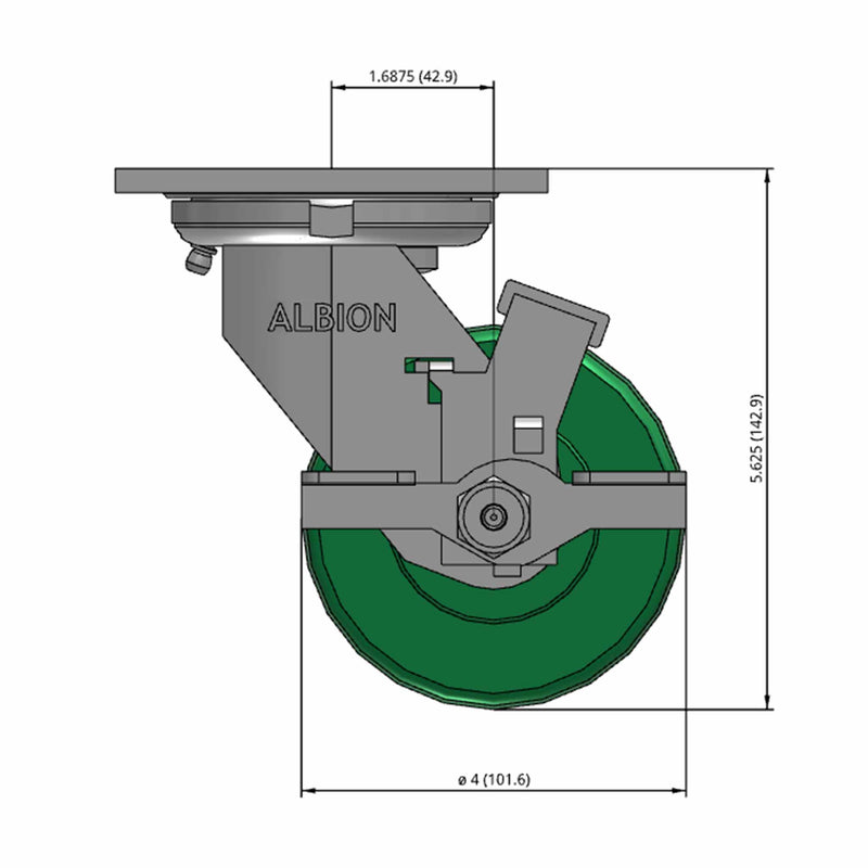 Front dimensioned CAD view of an Albion Casters 4" x 2" wide wheel Swivel caster with 4" x 4-1/2" top plate, with a side locking brake, XI - X-treme Solid Polyurethane wheel and 1000 lb. capacity part