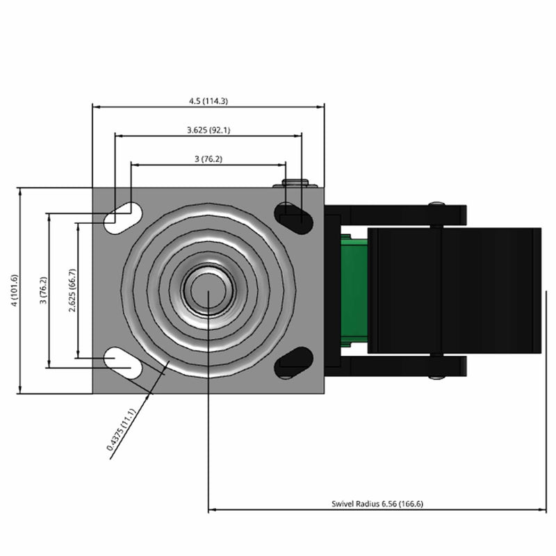 Side dimensioned CAD view of an Albion Casters 4" x 2" wide wheel Swivel caster with 4" x 4-1/2" top plate, with a top total locking brake, XI - X-treme Solid Polyurethane wheel and 1000 lb. capacity part
