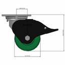 Front dimensioned CAD view of an Albion Casters 4" x 2" wide wheel Swivel caster with 4" x 4-1/2" top plate, with a top total locking brake, XI - X-treme Solid Polyurethane wheel and 1000 lb. capacity part