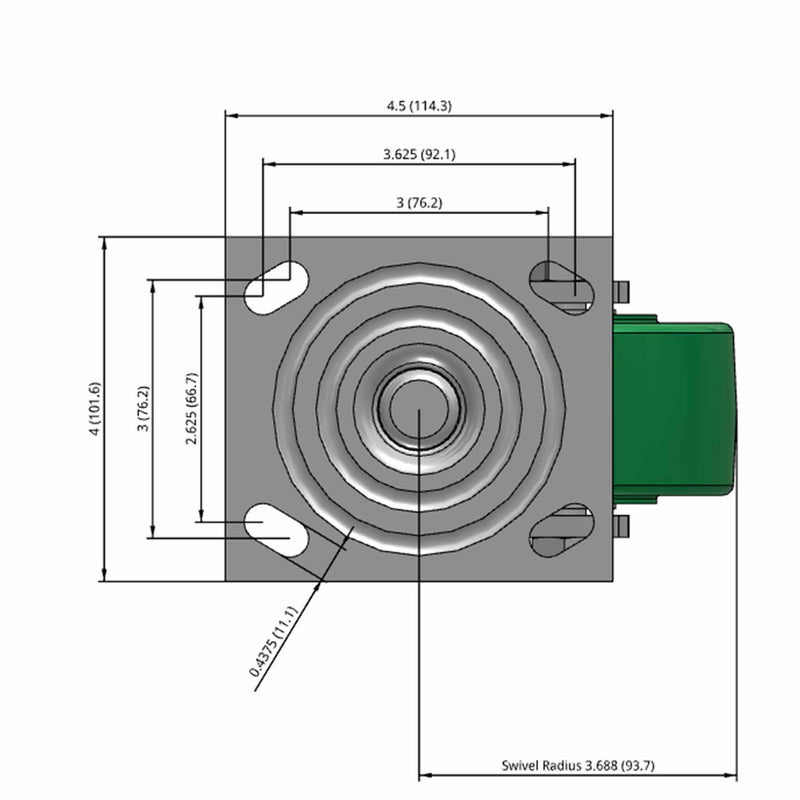Side dimensioned CAD view of an Albion Casters 4" x 2" wide wheel Swivel caster with 4" x 4-1/2" top plate, without a brake, XI - X-treme Solid Polyurethane wheel and 1000 lb. capacity part
