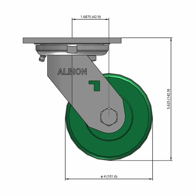 Front dimensioned CAD view of an Albion Casters 4" x 2" wide wheel Swivel caster with 4" x 4-1/2" top plate, without a brake, XI - X-treme Solid Polyurethane wheel and 1000 lb. capacity part