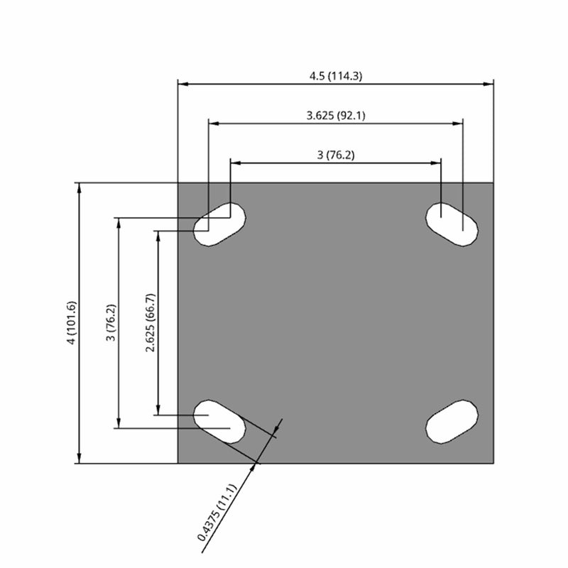 Side dimensioned CAD view of an Albion Casters 4" x 2" wide wheel Rigid caster with 4" x 4-1/2" top plate, without a brake, XI - X-treme Solid Polyurethane wheel and 1000 lb. capacity part