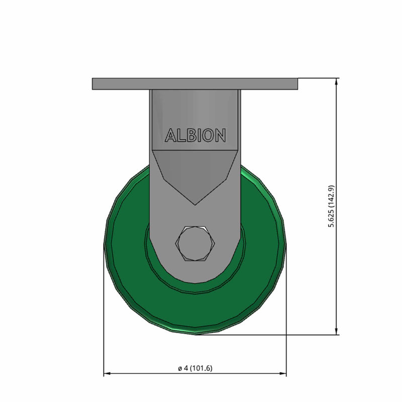 Front dimensioned CAD view of an Albion Casters 4" x 2" wide wheel Rigid caster with 4" x 4-1/2" top plate, without a brake, XI - X-treme Solid Polyurethane wheel and 1000 lb. capacity part
