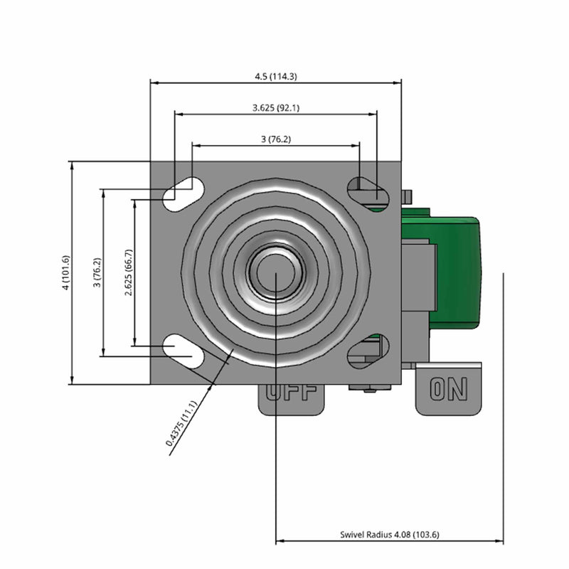Side dimensioned CAD view of an Albion Casters 4" x 2" wide wheel Swivel caster with 4" x 4-1/2" top plate, with a side locking brake, XI - X-treme Solid Polyurethane wheel and 1000 lb. capacity part