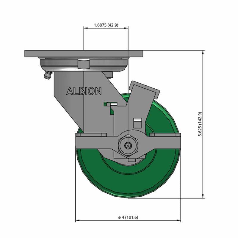 Front dimensioned CAD view of an Albion Casters 4" x 2" wide wheel Swivel caster with 4" x 4-1/2" top plate, with a side locking brake, XI - X-treme Solid Polyurethane wheel and 1000 lb. capacity part