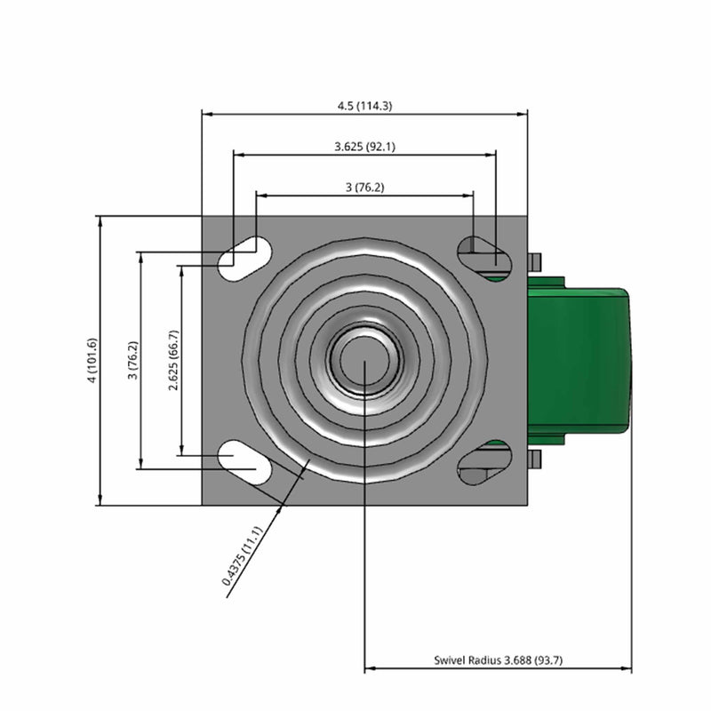 Side dimensioned CAD view of an Albion Casters 4" x 2" wide wheel Swivel caster with 4" x 4-1/2" top plate, without a brake, XI - X-treme Solid Polyurethane wheel and 1000 lb. capacity part