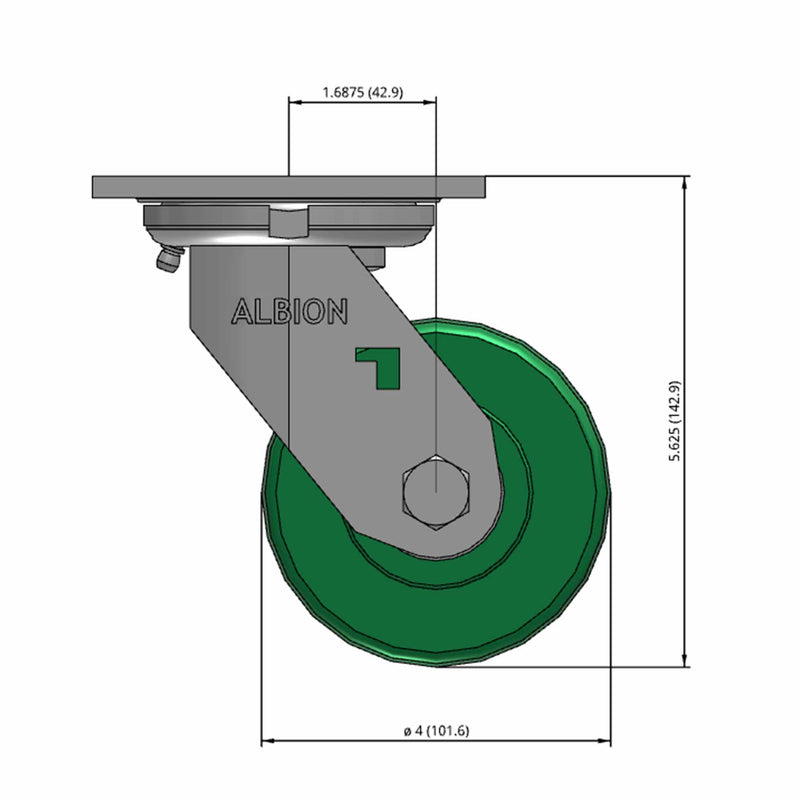 Front dimensioned CAD view of an Albion Casters 4" x 2" wide wheel Swivel caster with 4" x 4-1/2" top plate, without a brake, XI - X-treme Solid Polyurethane wheel and 1000 lb. capacity part