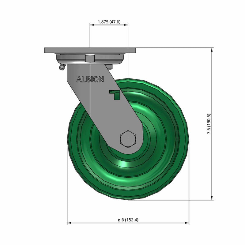 6"x2" USA-Made 7.5" High Swivel Caster with Solid Polyurethane Wheel