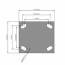 Side dimensioned CAD view of an Albion Casters 4" x 2" wide wheel Rigid caster with 4" x 4-1/2" top plate, without a brake, XS - X-tra Soft Rubber (Flat) wheel and 350 lb. capacity part