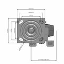 Side dimensioned CAD view of an Albion Casters 4" x 2" wide wheel Swivel caster with 4" x 4-1/2" top plate, with a side locking brake, XS - X-tra Soft Rubber (Flat) wheel and 350 lb. capacity part