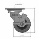 Front dimensioned CAD view of an Albion Casters 4" x 2" wide wheel Swivel caster with 4" x 4-1/2" top plate, with a side locking brake, XS - X-tra Soft Rubber (Flat) wheel and 350 lb. capacity part