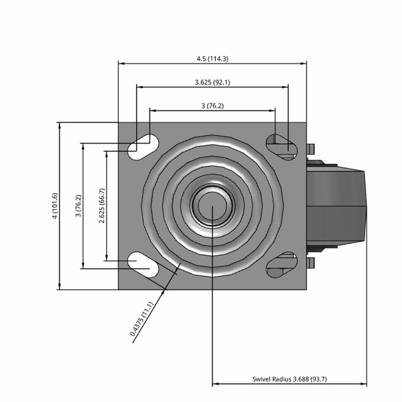 Side dimensioned CAD view of an Albion Casters 4" x 2" wide wheel Swivel caster with 4" x 4-1/2" top plate, without a brake, XS - X-tra Soft Rubber (Flat) wheel and 350 lb. capacity part