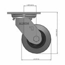 Front dimensioned CAD view of an Albion Casters 4" x 2" wide wheel Swivel caster with 4" x 4-1/2" top plate, without a brake, XS - X-tra Soft Rubber (Flat) wheel and 350 lb. capacity part