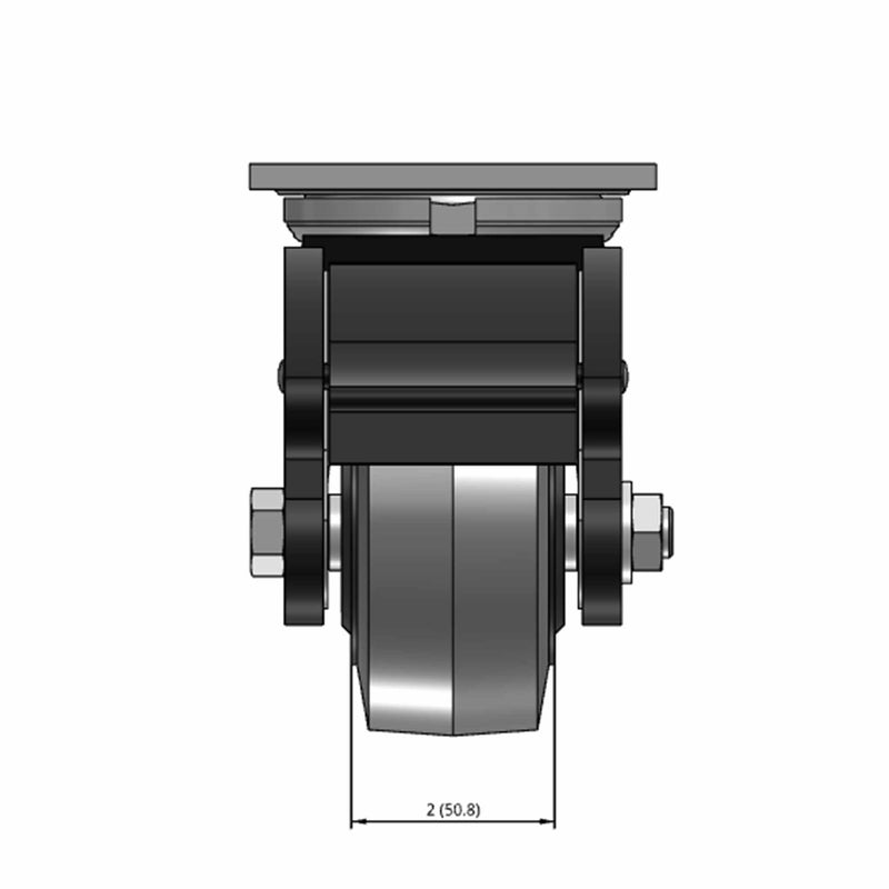 Top dimensioned CAD view of an Albion Casters 4" x 2" wide wheel Swivel caster with 4" x 4-1/2" top plate, with a top total locking brake, XS - X-tra Soft Rubber (Flat) wheel and 350 lb. capacity part