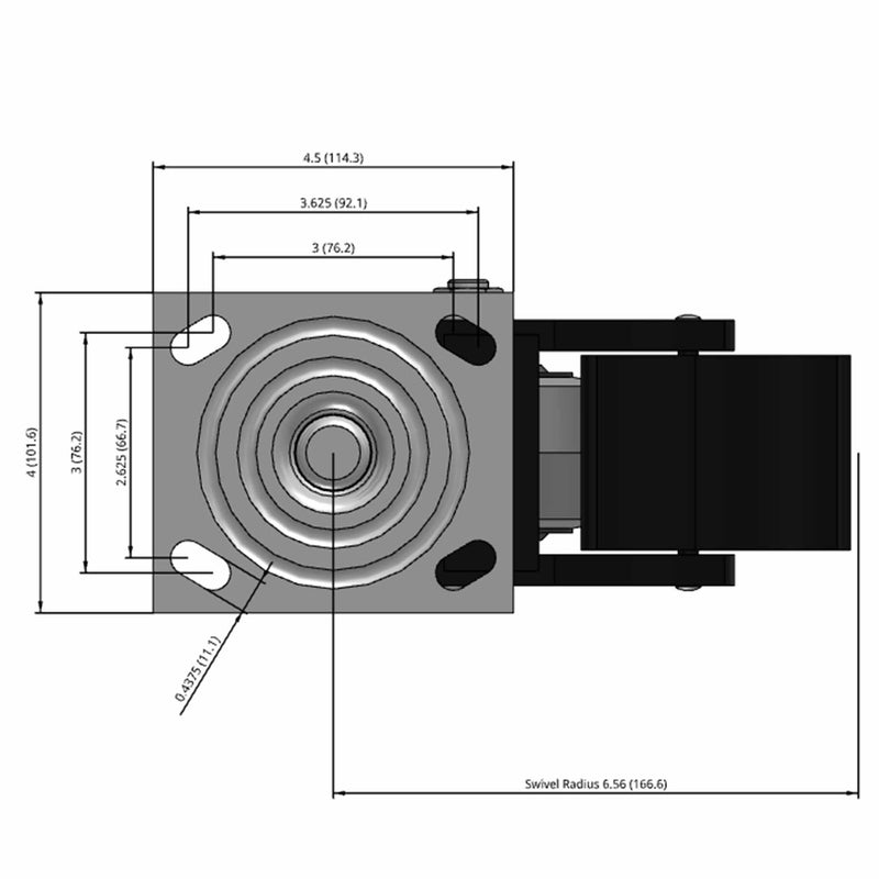 Side dimensioned CAD view of an Albion Casters 4" x 2" wide wheel Swivel caster with 4" x 4-1/2" top plate, with a top total locking brake, XS - X-tra Soft Rubber (Flat) wheel and 350 lb. capacity part