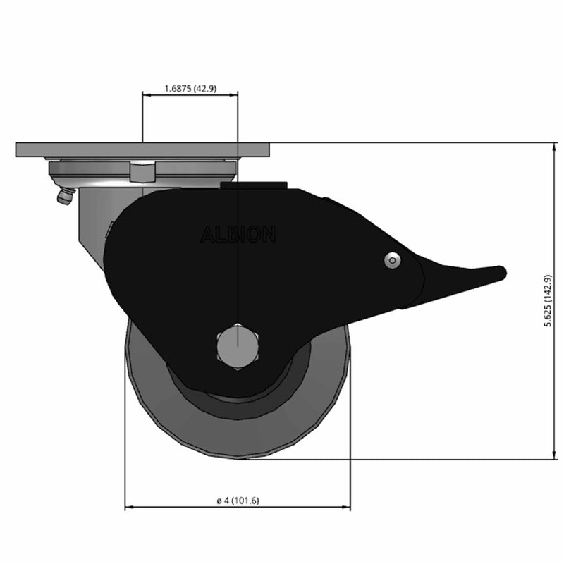 Front dimensioned CAD view of an Albion Casters 4" x 2" wide wheel Swivel caster with 4" x 4-1/2" top plate, with a top total locking brake, XS - X-tra Soft Rubber (Flat) wheel and 350 lb. capacity part