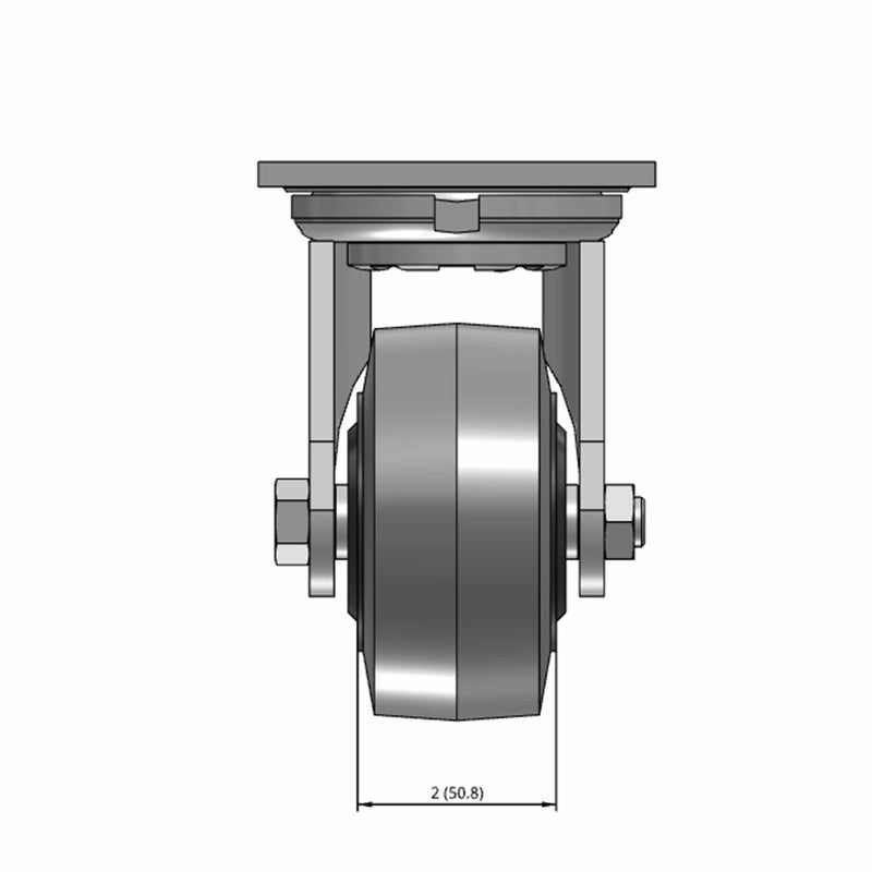 Top dimensioned CAD view of an Albion Casters 4" x 2" wide wheel Swivel caster with 4" x 4-1/2" top plate, without a brake, XS - X-tra Soft Rubber (Flat) wheel and 350 lb. capacity part