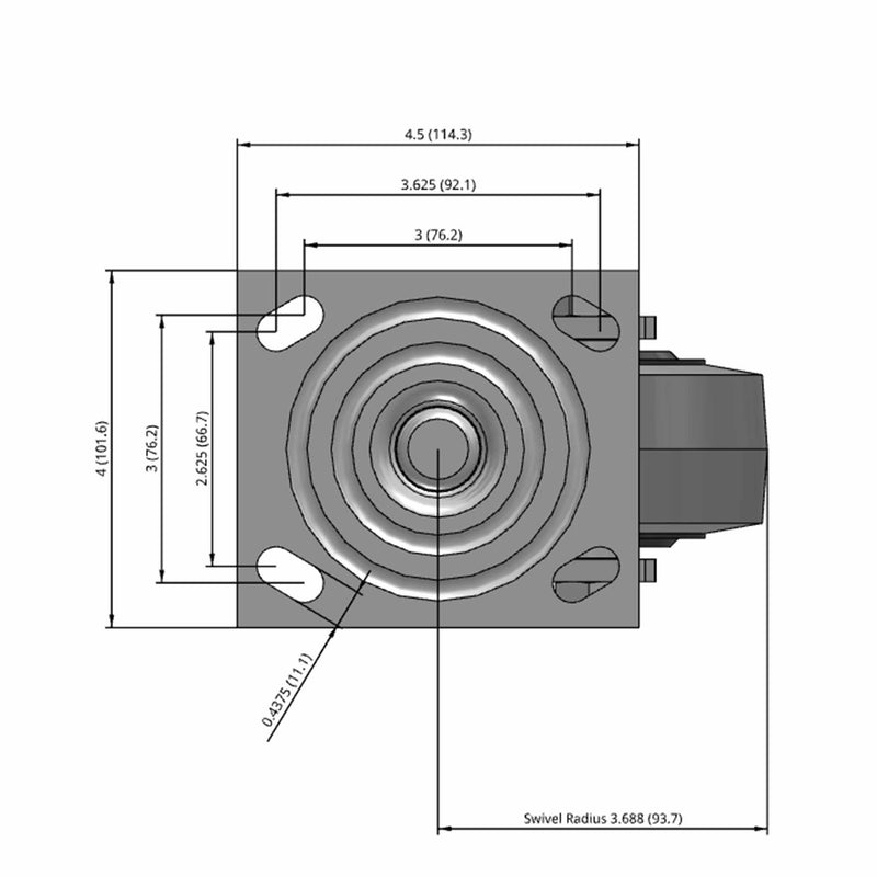 Side dimensioned CAD view of an Albion Casters 4" x 2" wide wheel Swivel caster with 4" x 4-1/2" top plate, without a brake, XS - X-tra Soft Rubber (Flat) wheel and 350 lb. capacity part