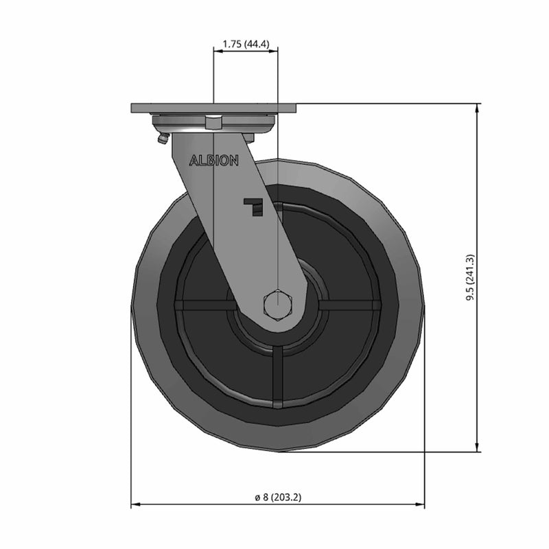 8"x2" USA-Made Swivel Caster with Flat Performance-Rubber Wheel