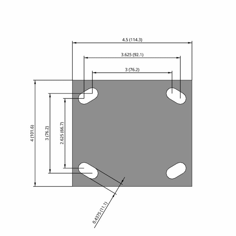 Side dimensioned CAD view of an Albion Casters 4" x 2" wide wheel Rigid caster with 4" x 4-1/2" top plate, without a brake, AN - Round Polyurethane (Aluminum Core) wheel and 800 lb. capacity part