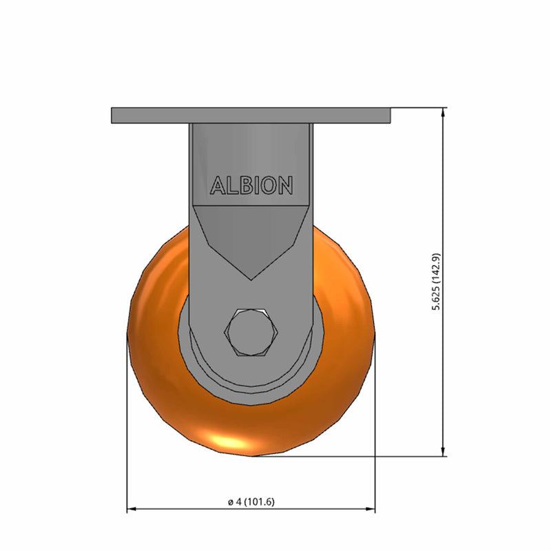 Front dimensioned CAD view of an Albion Casters 4" x 2" wide wheel Rigid caster with 4" x 4-1/2" top plate, without a brake, AN - Round Polyurethane (Aluminum Core) wheel and 800 lb. capacity part