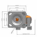 Side dimensioned CAD view of an Albion Casters 4" x 2" wide wheel Swivel caster with 4" x 4-1/2" top plate, with a side locking brake, AN - Round Polyurethane (Aluminum Core) wheel and 800 lb. capacity part