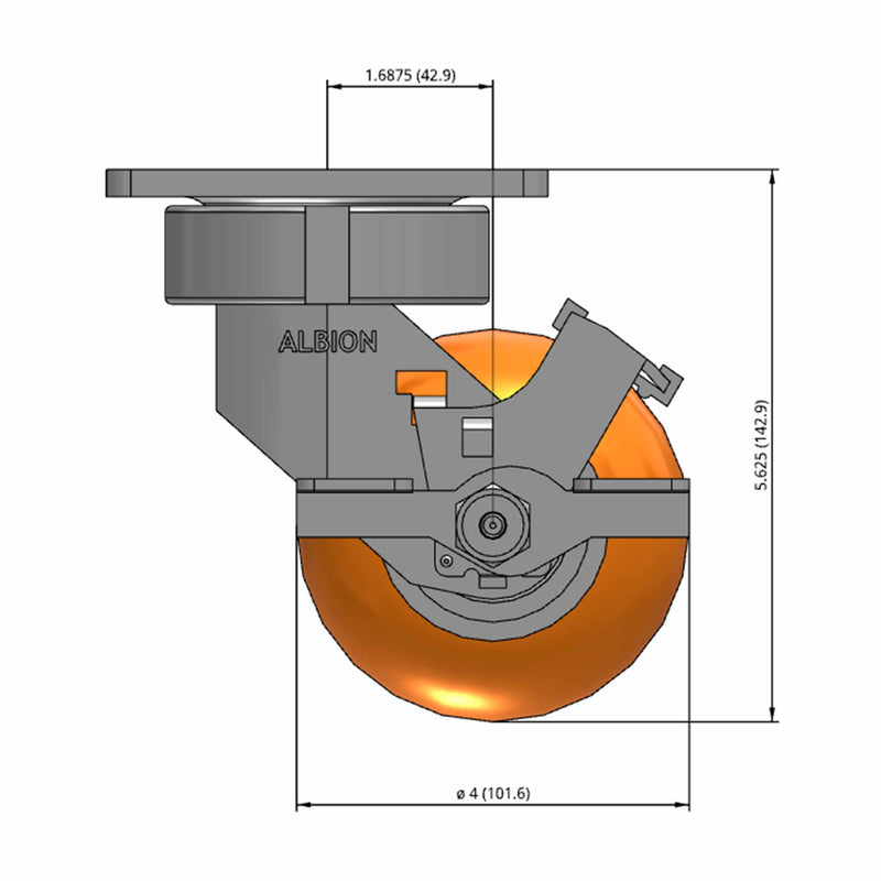 Front dimensioned CAD view of an Albion Casters 4" x 2" wide wheel Swivel caster with 4" x 4-1/2" top plate, with a side locking brake, AN - Round Polyurethane (Aluminum Core) wheel and 800 lb. capacity part